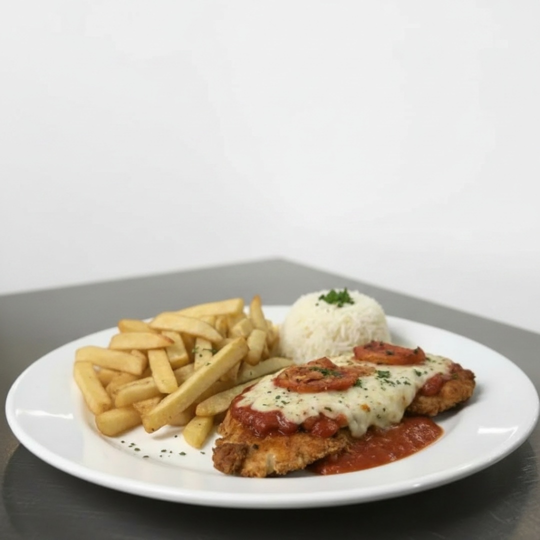 Suculento peito de frango a parmegiana acompanhando de uma deliciosa batata frita crocante e arroz soltinho ou Macarrão