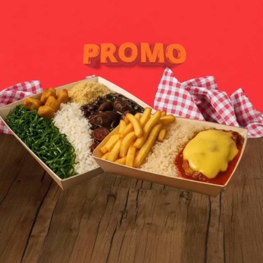 Dois clássicos juntos em uma só pedida! Uma marmita de feijoada simples (500g)acompanha arroz, couve, farofa, torresmo, feita no tempero caseiro que conquista, + uma marmita de frango à parmegiana com fritas (500g), com frango crocante, queijo derretido e batatas sequinhas. Refeição completa, saborosa e super vantajosa! 🍛