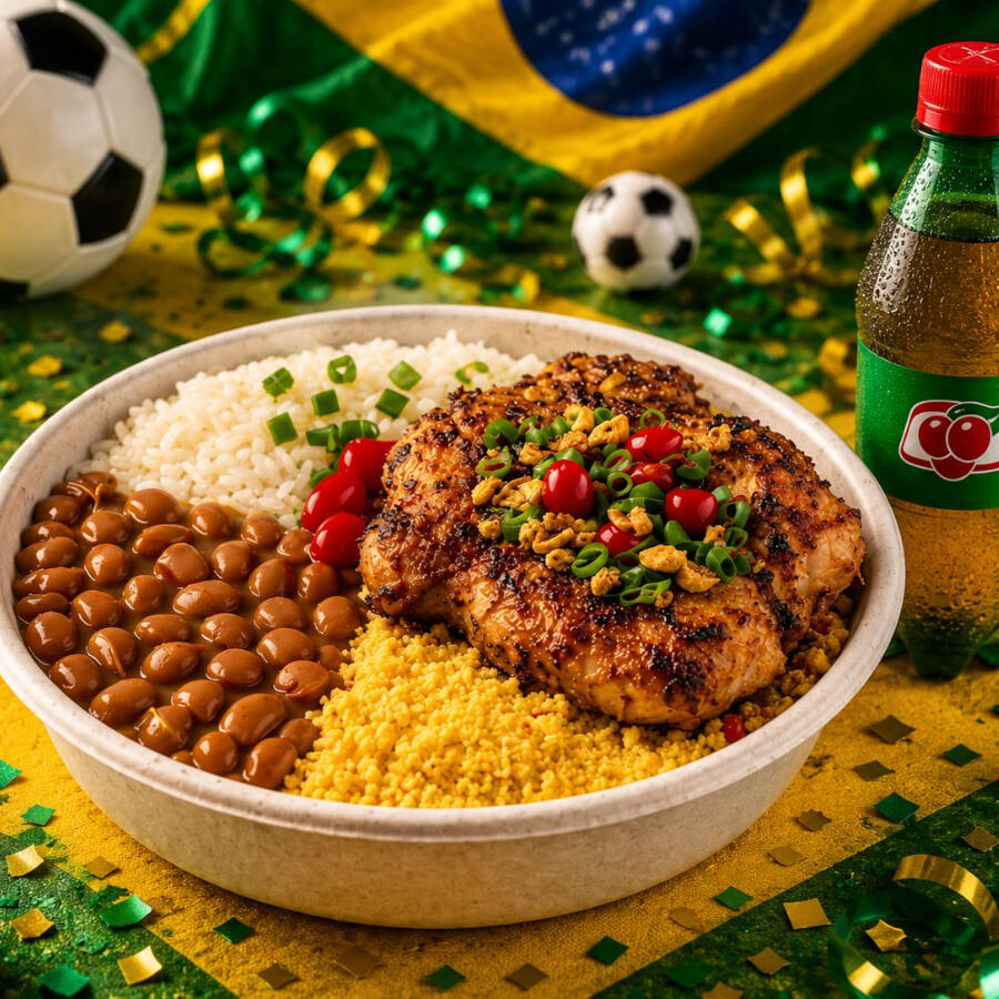 Filé de coxa de frango desossada e suculenta grelhada no ponto certo, acompanhada de arroz soltinho, feijão caseiro, batata frita crocante e saladinha fresca. Finalizada com cebolinha e um toque de pimenta biquinho. Uma explosão de sabor! Guaraná 200ML com Desconto.