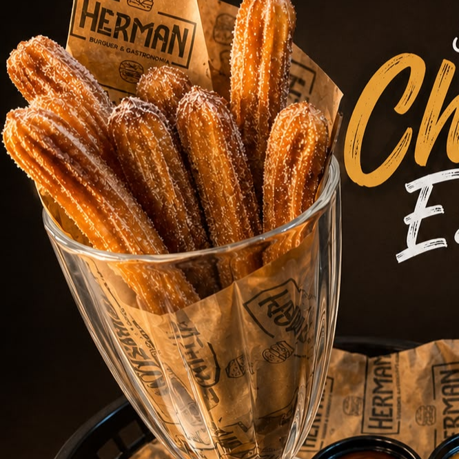 8 unidades de Churros espanhol com açúcar e canela
1 calda de doce de leite 30ml
1 calda de chocolate 30ml