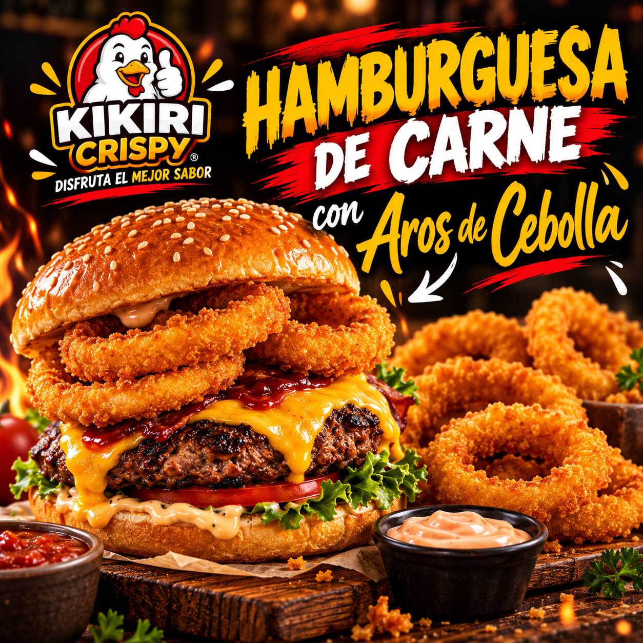 Hamburguesa de Carne con Aros de Cebolla