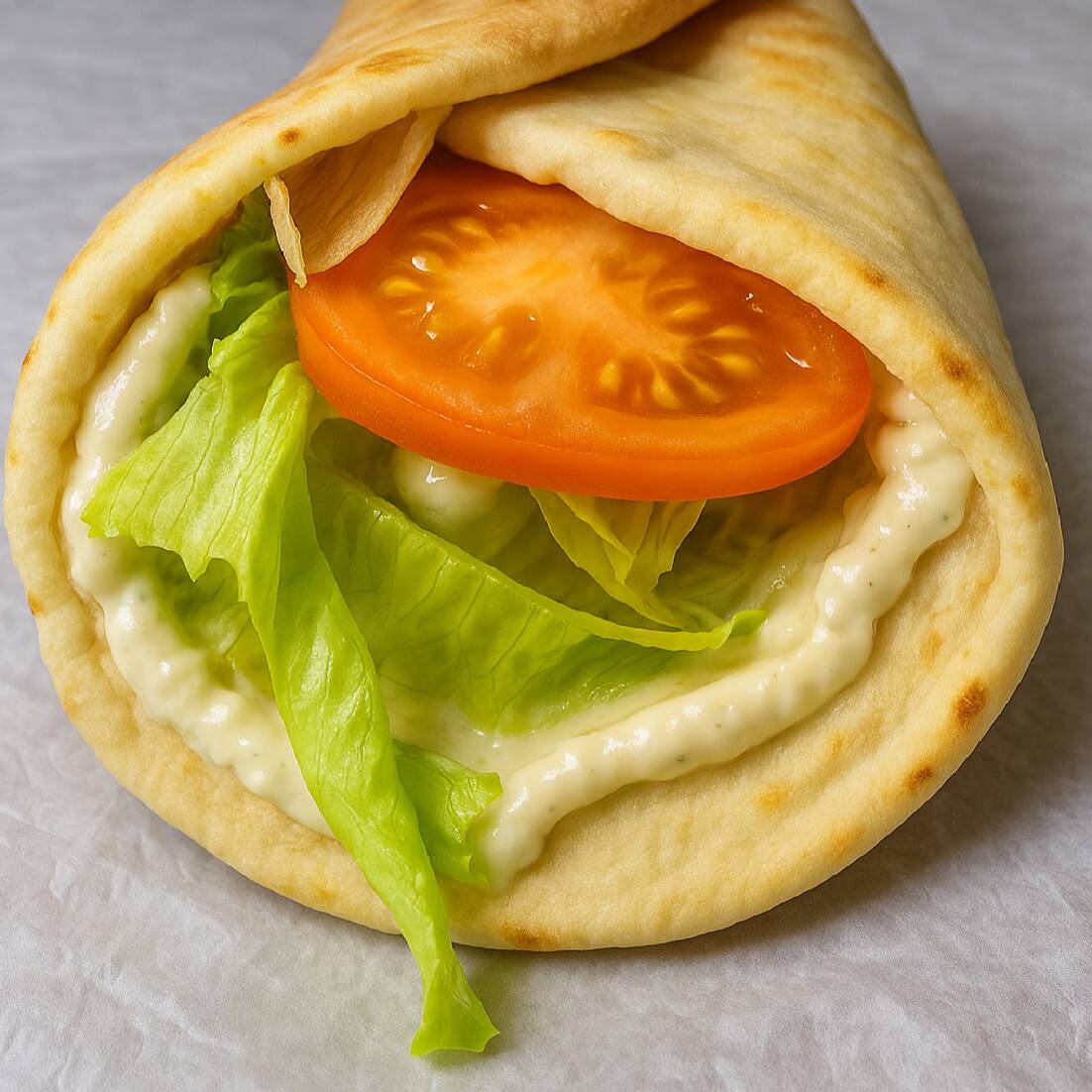 Pão sírio , peito de frango desfiado com cream cheese, alface americana, tomate e cebola roxa.