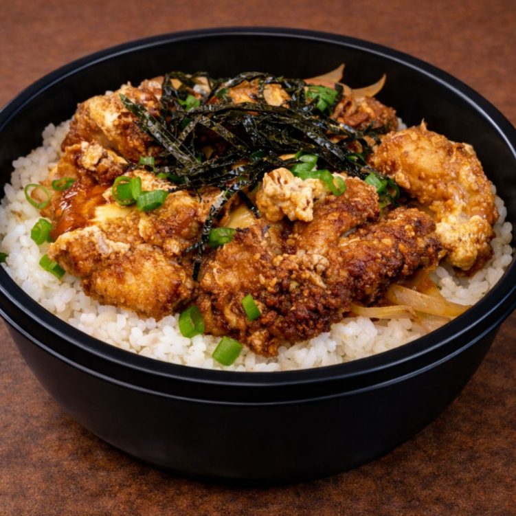 Este prato consiste em frango coxa sobre coxa desossado frigo refogado em cebola, ovo e molho especial. Este refogado vai sobre uma porção de arroz japonês (gohan). Porção para uma pessoa. Arroz, frango coxa sobre coxa desossado e frito com ovos, cebola e molho.