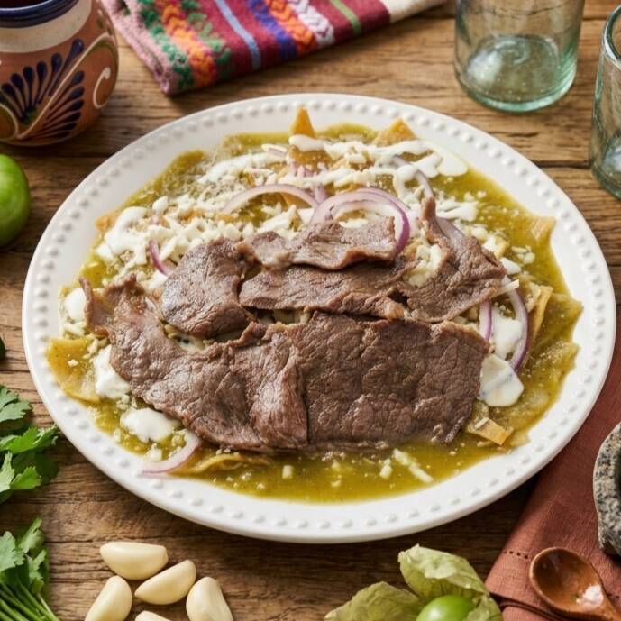 Chilaquiles Verdes con Bisteck
