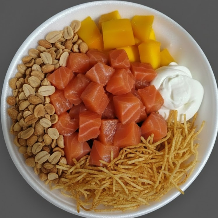 Atenção a descrição . Poke já montado pela casa, contendo: arroz shari, cream chesse, amendoim torrado, batata palha e manga. Itens não sao alterados. pesando aproximadamente 400 gramas sendo 100 gramas de proteina