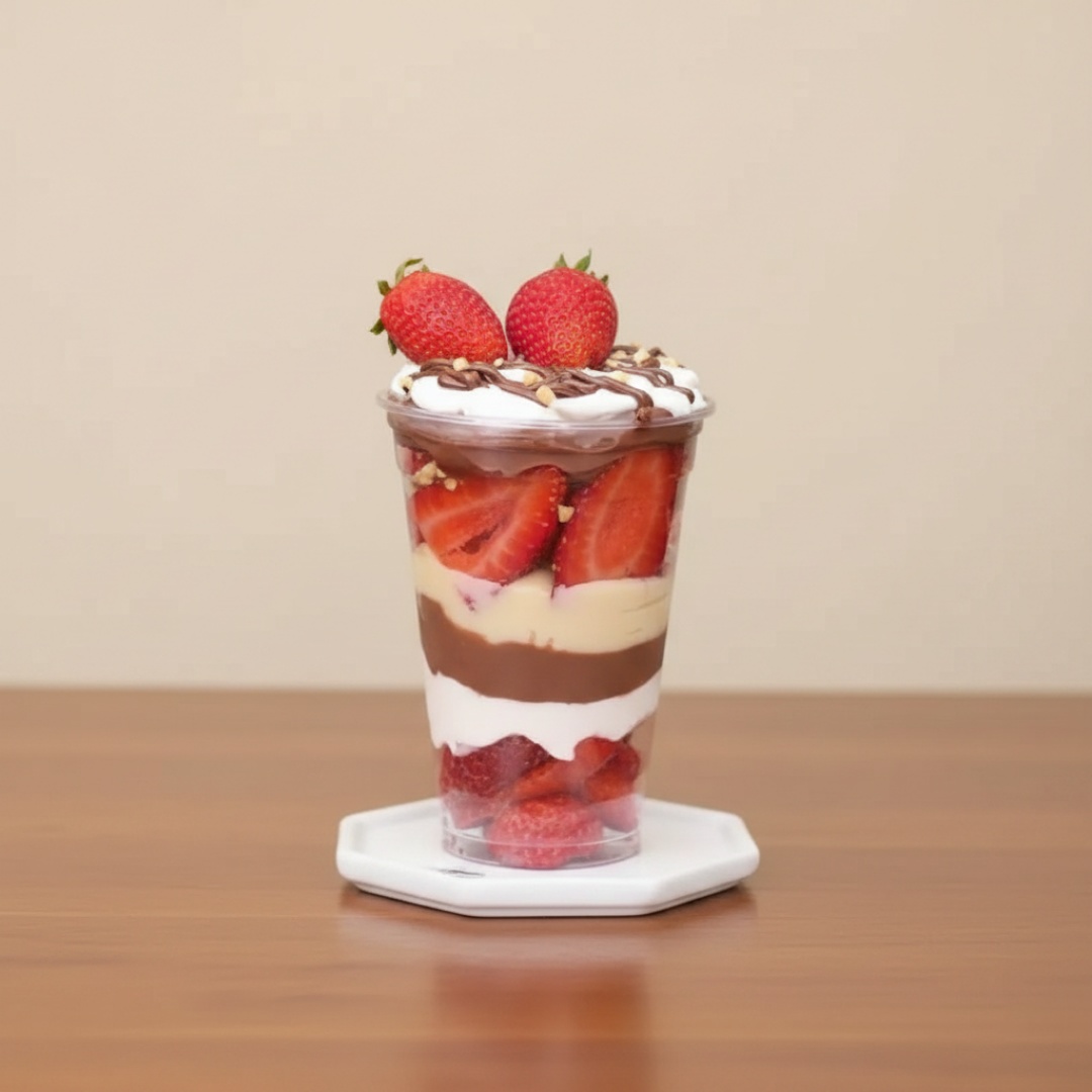 Copo da felicidade Ninho com Nutella, morangos frescos, brownie, finalizando com chantininho e fios de Nutella . 250ml