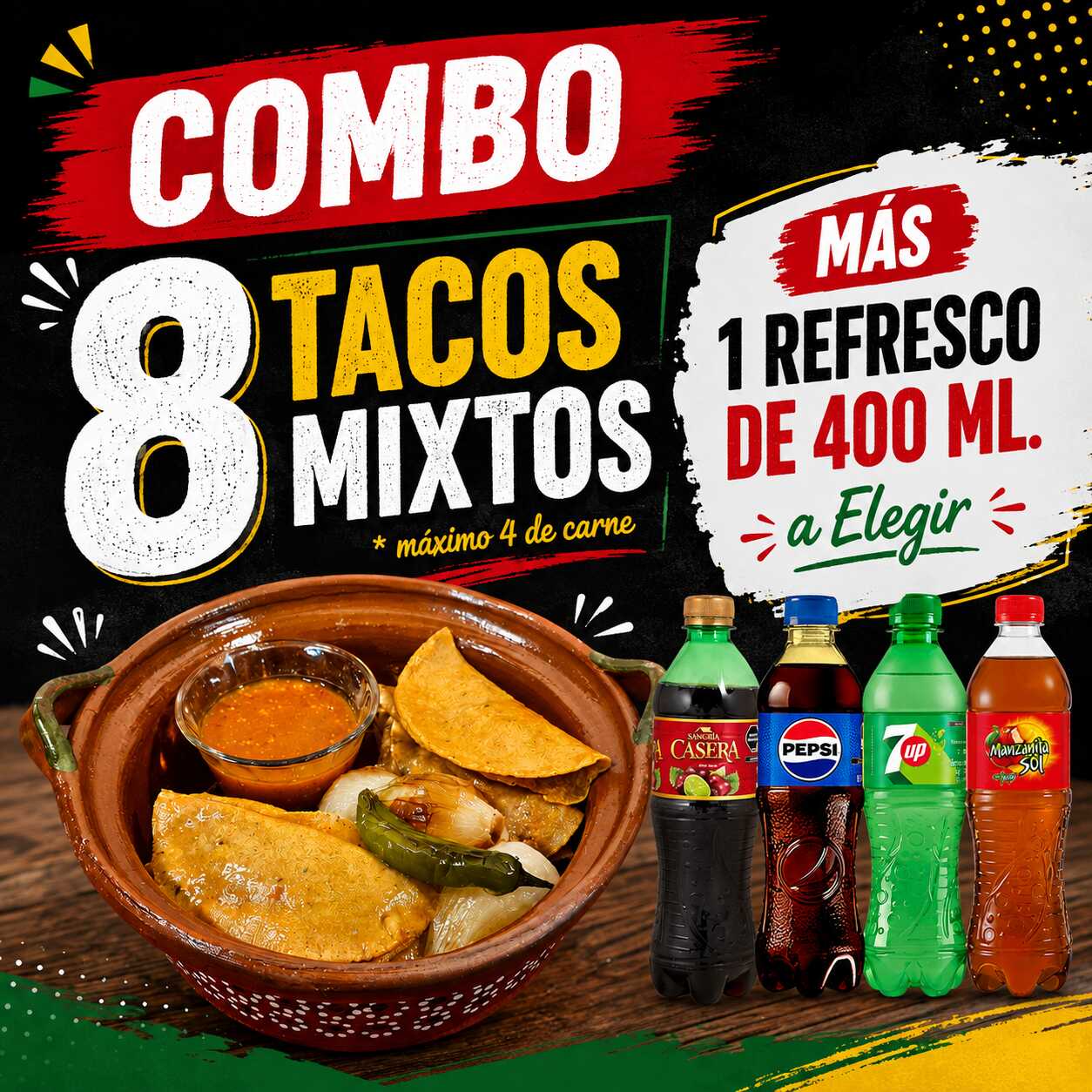 Combo 8 Tacos Mixtos Más Refresco de 400 ML
