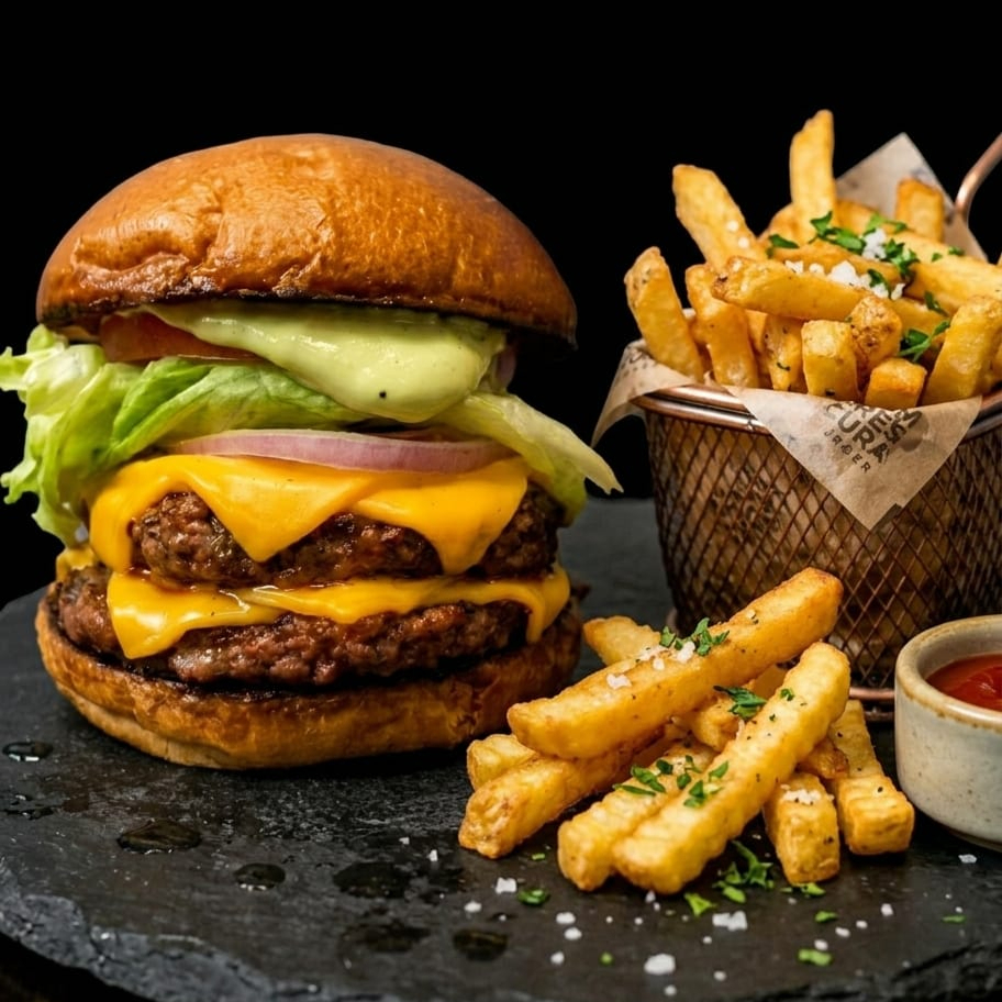 Combo classic Green - Pão brioche, maionese da casa, hambúrguer bland, alface americana, tomate, cebola Roxa. Acompanha fritas.