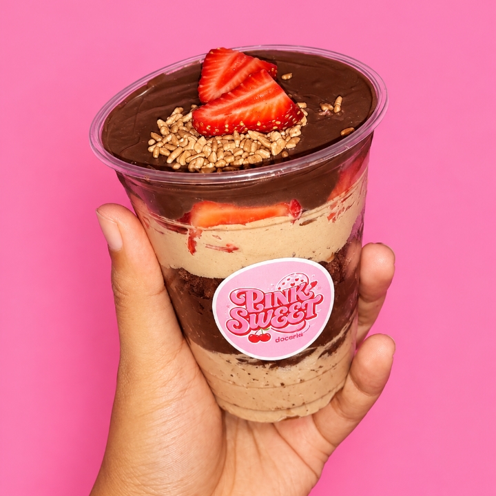 Copo da felicidade com mousse de chocolate, brigadeiro 50%, pedaços de brownie e morangos