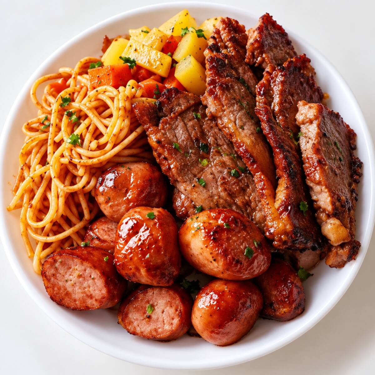 Churrasco com carne e linguiça, acompanhado de arroz, feijão de caldo, macarrão e verduras com batatinha e cenoura. Uma refeição completa, bem servida e cheia de sabor, perfeita para matar a fome com aquele gostinho de comida caseira.