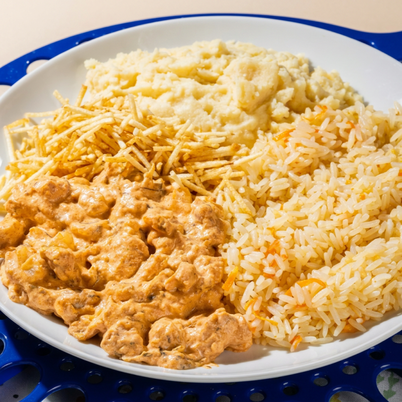 Desfrute do nosso strogonoff de frango, uma mistura cremosa de frango e molho especial, servido com arroz e batata palha.