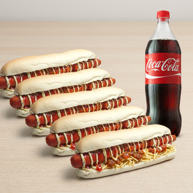 Combo compre 4 e leve 5 Dogões Tradicionais com pão 30cm, duas salsichas, ketchup, mostarda, maionese temperada, queijo ralado, batata palha, molho brutos. Acompanha um refrigerante 1l.