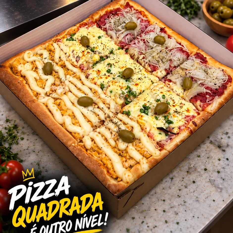 Pizza Quadrada 9 Fatias — Portuguesa, calabresa e frango com catupiry (Imagem ilustrativa