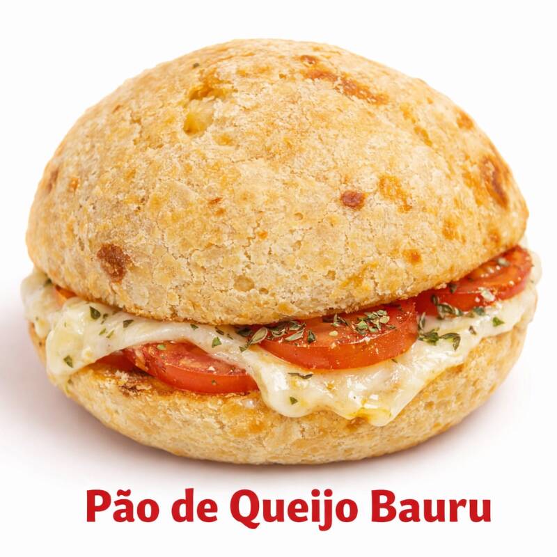Um delicioso pão de queijo de 80gr recheado com mussarela, tomate e orégano