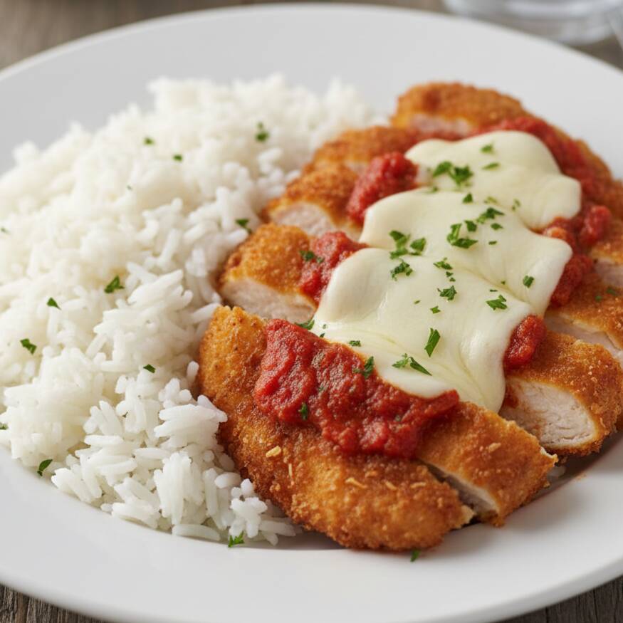 Nosso tradicional filé de frango empanado, coberto com uma camada farta de queijo derretido e molho de tomate por cima. Um prato suculento que acompanha arroz branco e permite que você escolha dois acompanhamentos para completar. Enviados na marmita de isopor biodegradável de 750ml.