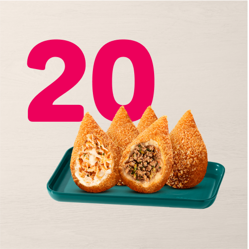 Escolha 20 unidades das nossas deliciosas Coxinhas Clássicas. Irresistível. Cuidado, recheio quente.