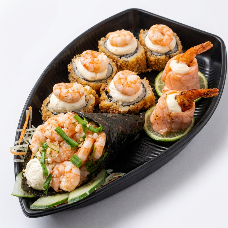 6 hots crocantes de salmão com cobertura de creme cheese finalizado com camarão + 1 Temaki de camarão por nossa conta. Ideal para uma pessoa.