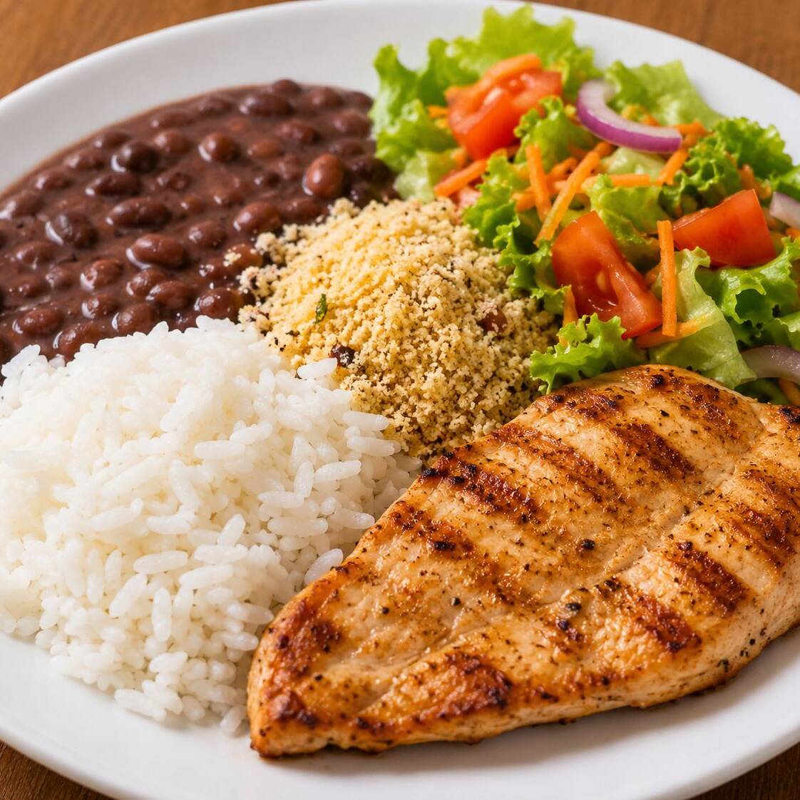 arroz, feijão, farofa, salada