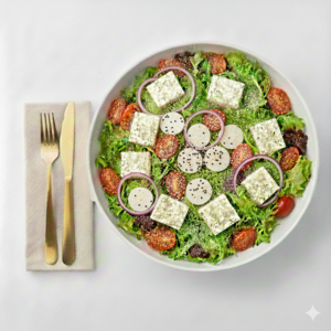 Mix de alfaces com rúcula, ricota temperada, tomate grape, cebola roxa, manjericão, ervas finas, palmito e gergelim. Frescor herbal e textura equilibrada. Harmoniza com Pesto.