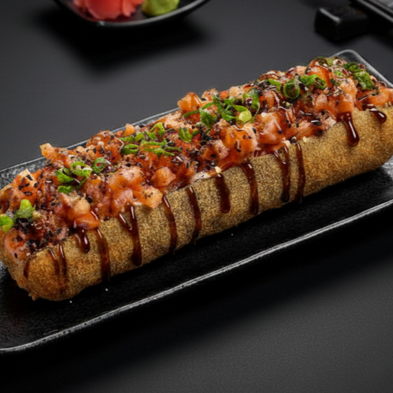 Big hot empanado com recheio de cream cheese, cortado ao meio e coberto por salmão super fresco, misturado no cream cheese e finalizado com molho teryaki artesanal, celolinha e gergilim.