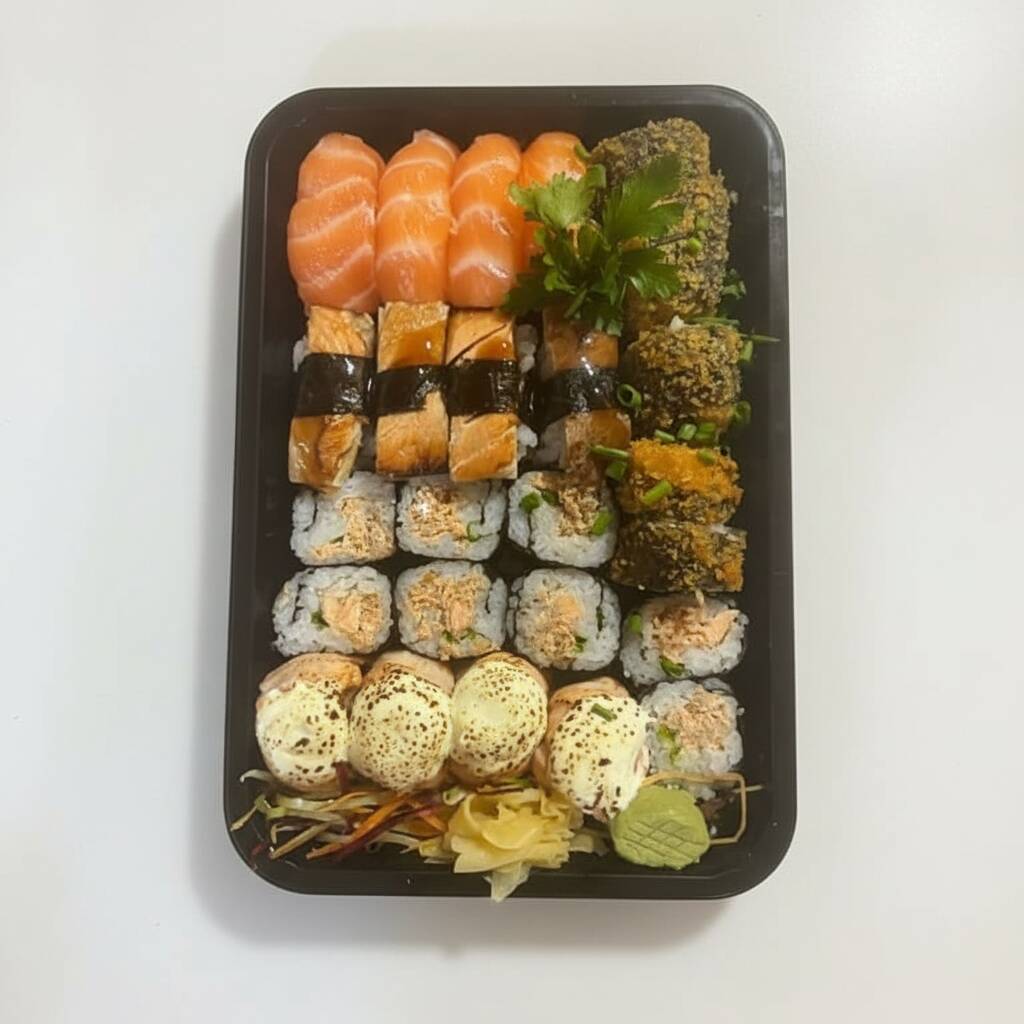 4 sushi de salmão, 4 sushi skin, 4 maki de salmão grelhado, 4 maki skin 4 joe salmão maçaricado 4 Hot