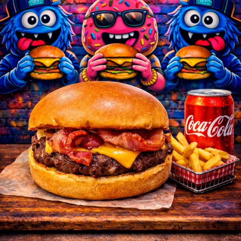 Pão brioche especial, maionese da casa, 1 hamburguer 120g grelhado na churrasqueira, bacon grelhado na churrasqueira, queijo cheddar.