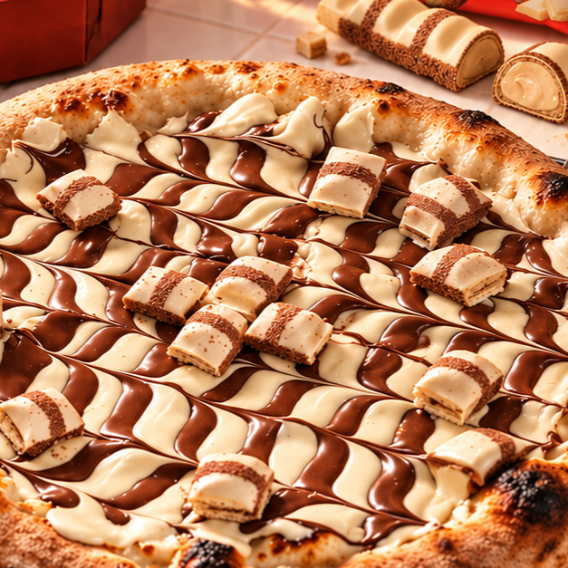 Pizza pequena (25cm, 6 fatias). Massa leve de longa fermentação, assada com uma fina cobertura de creme de leite. Coberta com creme Bueno, chocolate ao leite e pedaços de Kinder Bueno.