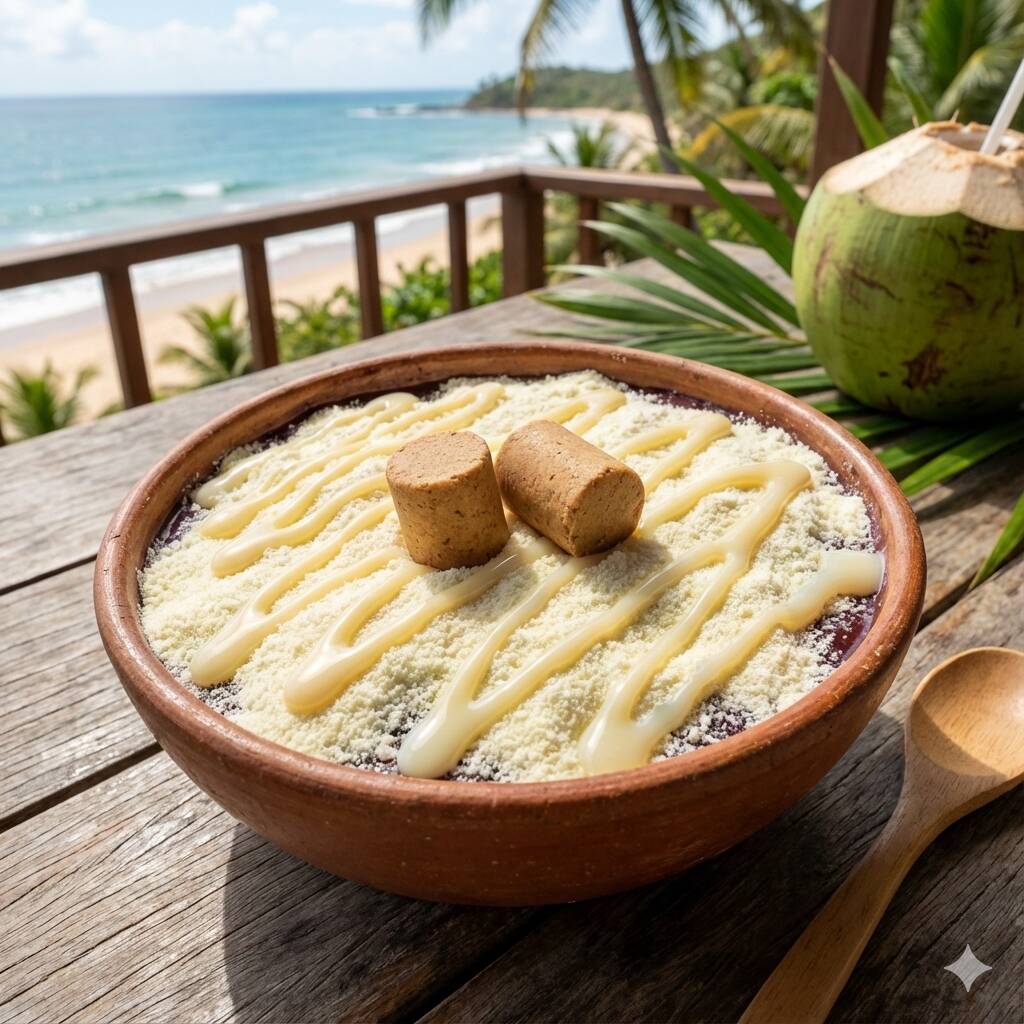 Açaí cremoso com paçoca, leite em pó e leite condensado. Doce, intenso, e com aquele sabor brasileiro que todo mundo ama!*Imagem ilustrativa