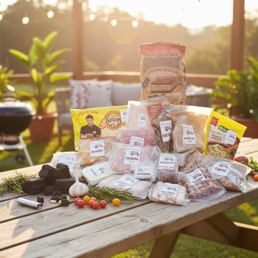 500g Contra file Grill ou Chorizo 500g Cupim semipronto (finalizar por + ou - 20 min. Na churrasqueira). 500g Costela semipronta (Finalizar por + ou - 20 min. Na churrasqueira). 500g Costelinha suína semipronta (finalizar por aprox. 20 min. Na churrasqueira). 1 peça de picanha suína temperada 500g Linguiça 500g Linguiça de frango 500g Drumet temperada Coração de frango (5 espetos) Medalhão de frango (4 espetos) Queijo coalho (4 espetos) Queijo coalho c/ bacon (4 espetos) 1 pct de pão de alho 1 pct de farofa Sal de parrilla 100g. Carvão 6kg
