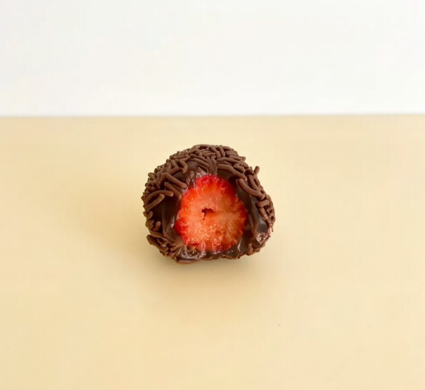 Brigadeiro 50% cacau modelado no formato de coxinha, com morango fresquinho no centro e finalização no granulado tradicional. Cremoso por fora, suculento por dentro — a combinação perfeita pra quem ama um docinho diferenciado!