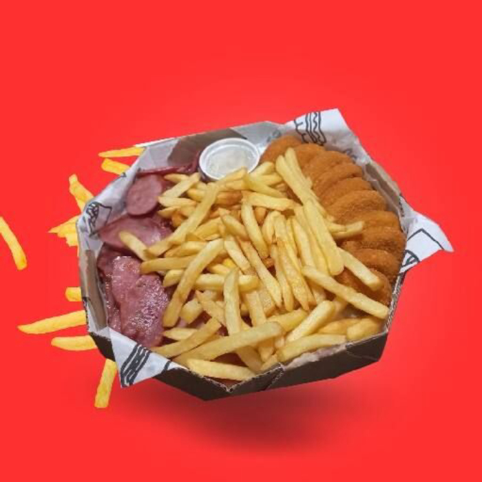Porção de batata (com cheddar, Catupiry e ketchup) + porção de nuggets + porção de calabresa