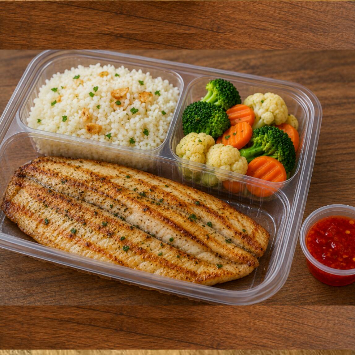 Delicioso filé de tilapia grelhada e temperada com nosso mix de temperos, servida com arroz ao alho, legumes ao vapor e geléia de pimenta à parte.