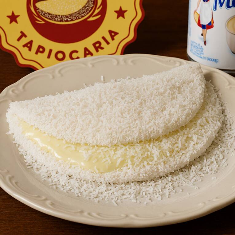 Massa Artesanal, Leite Condensado e Coco ralado. Tags: pizza, hambúrguer, xis, sushi, churrasco, massas, tapioca, açaí, lanches, comida japonesa, comida chinesa, comida árabe, comida caseira, comida saudável, comida vegetariana, comida vegana, comida light, comida rápida, almoço, jantar, lanche, festa, sem glúten, sem lactose, sem açúcar, low carb, keto, fitness, nutritivo, bebida, sobremesa,