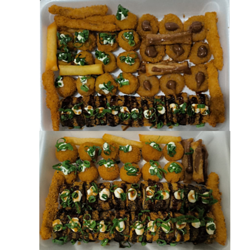34 Hot, 23 Bolinhas de Peixe, 9 Bananas Empanadas com Chocolate ao Leite, 6 Iscas de Tilápia, 5 Harumaki de Chocolate ao Leite, 5 Harumaki de Queijo
