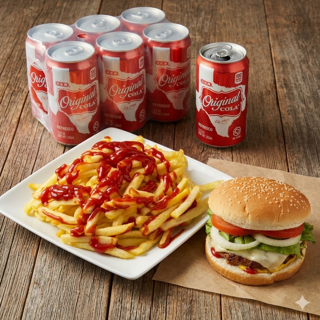 Hamburguesa Grande, Papas Fritas y Refresco 355ml.