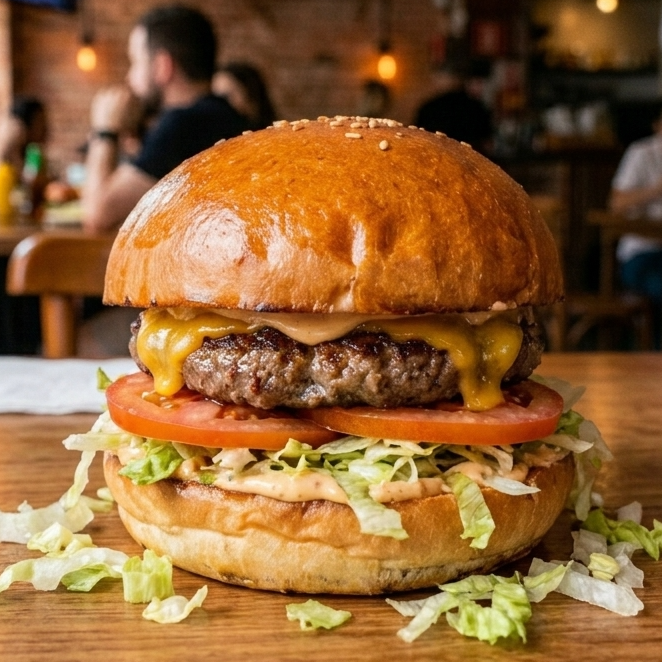O equilíbrio perfeito entre o clássico e o artesanal! Burger suculento grelhado no ponto certo, coberto por cheddar derretido, alface fresca e tomate selecionado. Para fechar com chave de ouro: pão brioche macio e a nossa irresistível maionese defumada da casa. Leve, crocante e cheio de sabor!