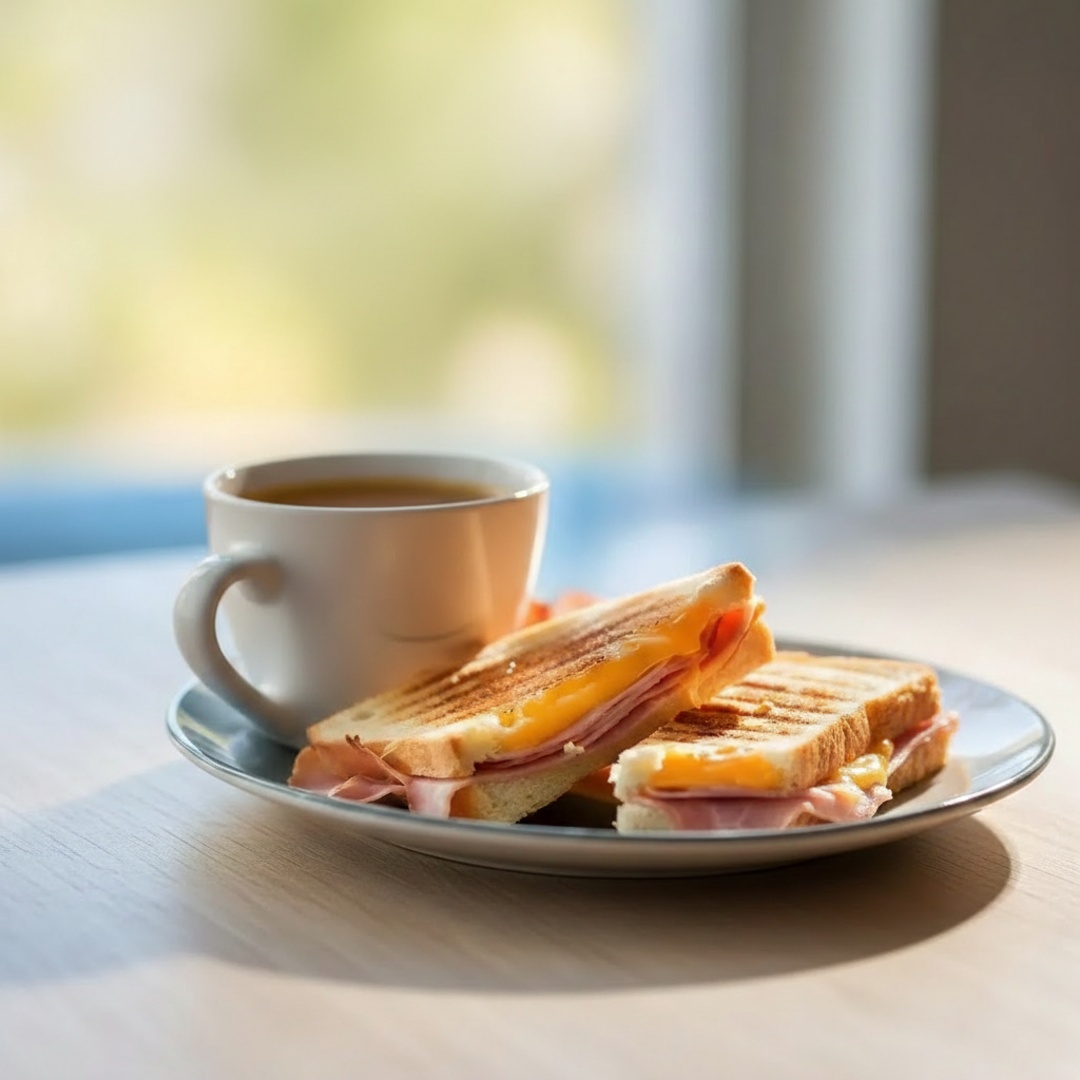 Delicioso misto quente com queijo prato ou mussarela, acompanhado de 300 ml de um chocolate quente preparado na hora.