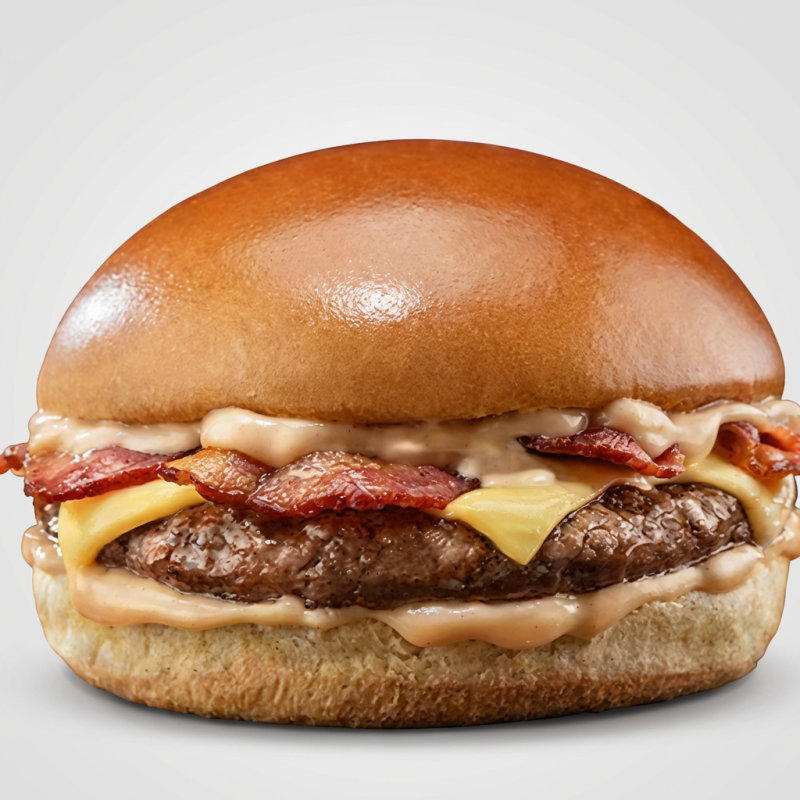 Oferta do combo X-Bacon (pão. Carne 160gr, queijo, maionese defumada e Bacon). Acompanha porção de fritas 150gr, Bebida a sua escolha.