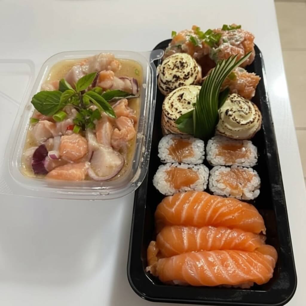 3 Joe macaricado 3 Joe Philadelphia 3 sushi de salmão 3 Maki de Salmão 1 mini ceviche misto