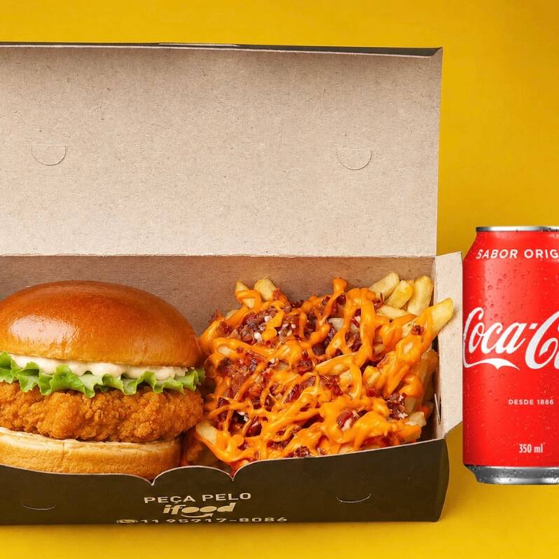 BOX COM LANCHE DE FRANGO EMPANADO + BATATA COM CHEDDAR E BACON + COCA LATA