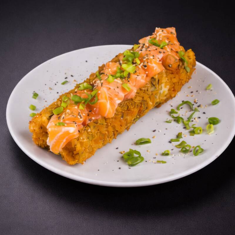 Carioca envolvido no nori, recheado com arroz japonês empanado e frito. Podendo ser de salmão, camarão ou Kani
