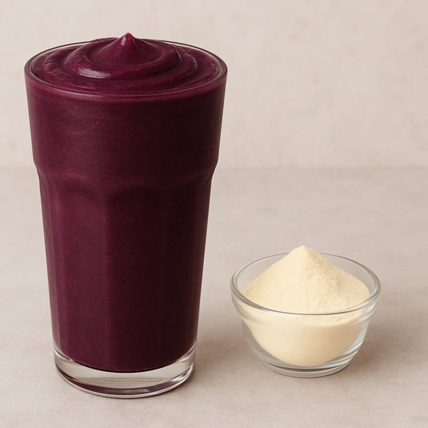 Açaí cremoso batido com leite e um toque extra de leite em pó.