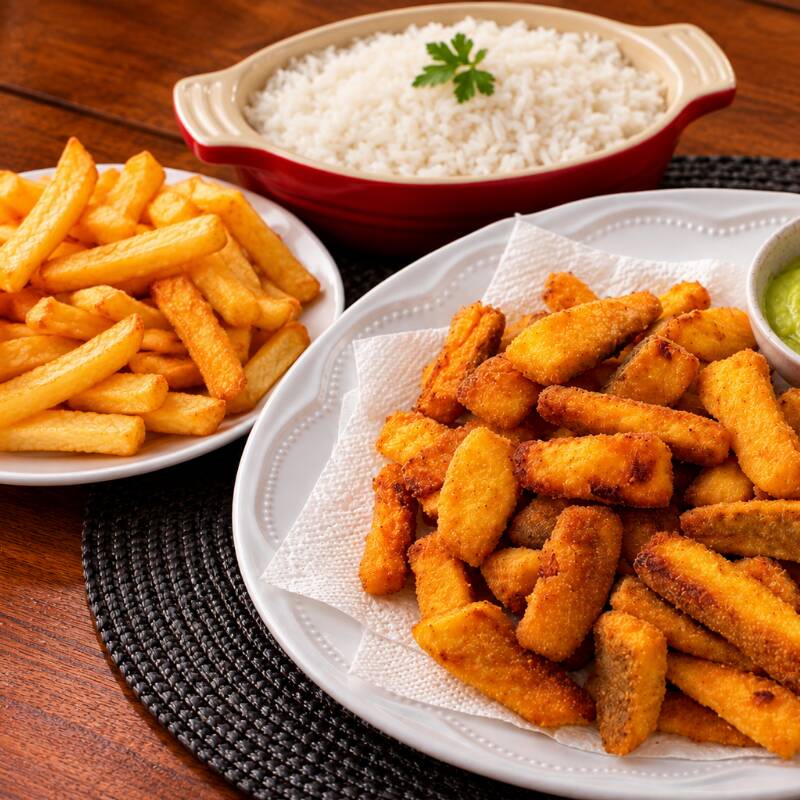 Filé de dourada frito e empanado, acompanhado de arroz branco e batata frita. Uma opção crocante, saborosa e bem servida para compartilhar entre 2 pessoas.