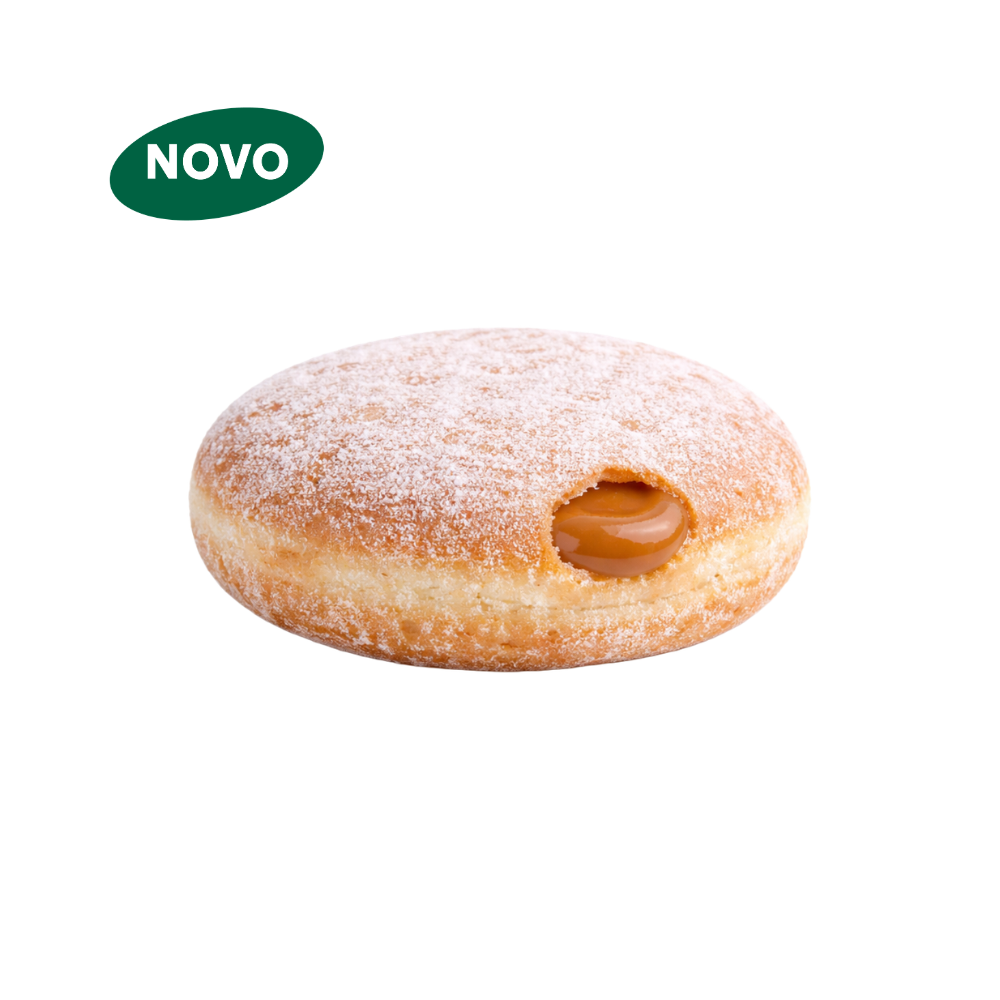 Donuts com recheio cremoso de doce de leite e polvilhado com açúcar.