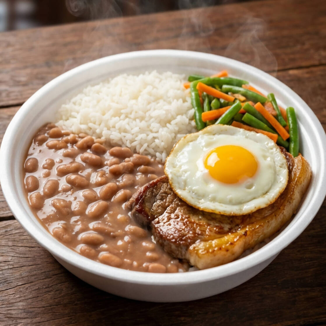 Bife bovino grelhado, macio e suculento, finalizado com ovo frito de gema macia por cima! Acompanha arroz soltinho, feijão caseiro, brócolis ao alho e óleo e farofa de bacon.