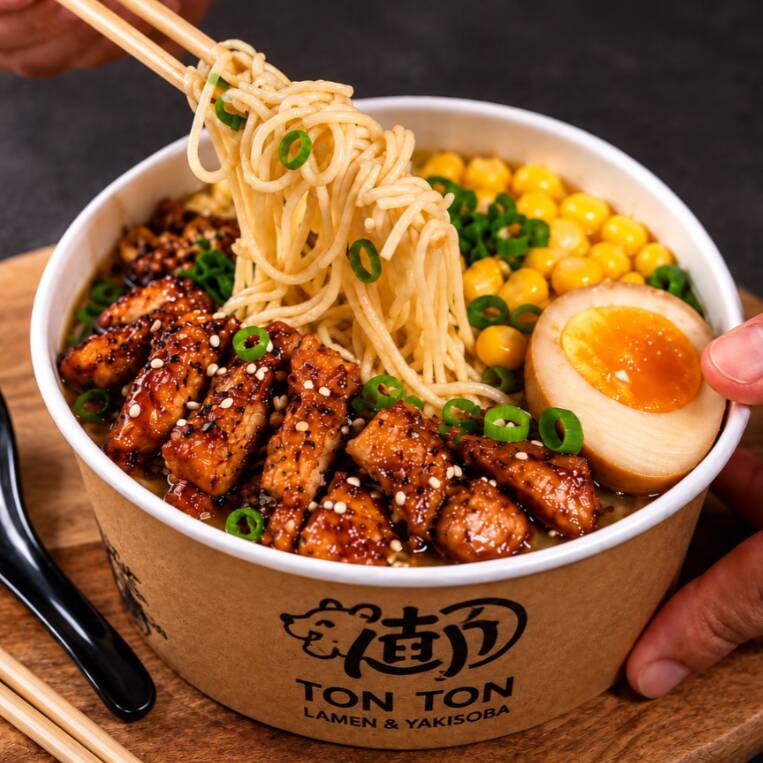 Lamen a base de caldo de porco, frango e vegetais, cozido lentamente por 12h, acompanhado de ovos marinado, cebolinho, cebola adocicada ralada, milho verde ao estilo japonês e gyoza, temperado com misso tarê com sabor mais intenso e marcante. Servido com Frango Teriyaki preparado na chapa e envolvido em molho agridoce.