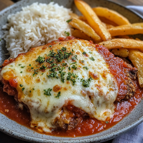 Esse prato acompanha um delicioso filet a parmegiana, finalizado com mussarela e orégano. Arroz e batata da sua preferência.