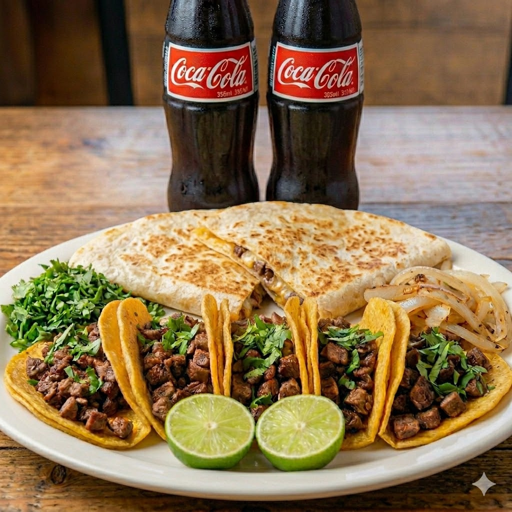 5 Tacos de Arrachera + 2 Quesadillas y 2 Coca Cola
