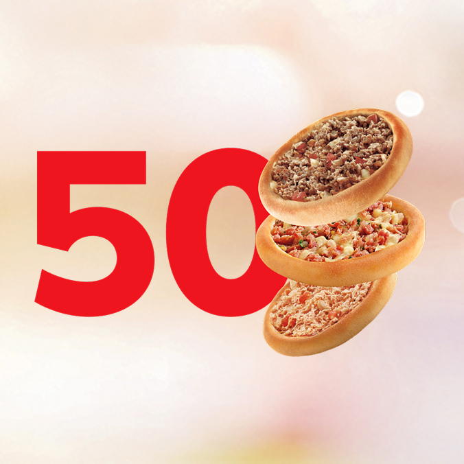 50 delícias por uma oferta especial! Aproveite e peça 50 Bib'sfihas Clássicas: Carne, Frango ou Calabresa com Mussarela.