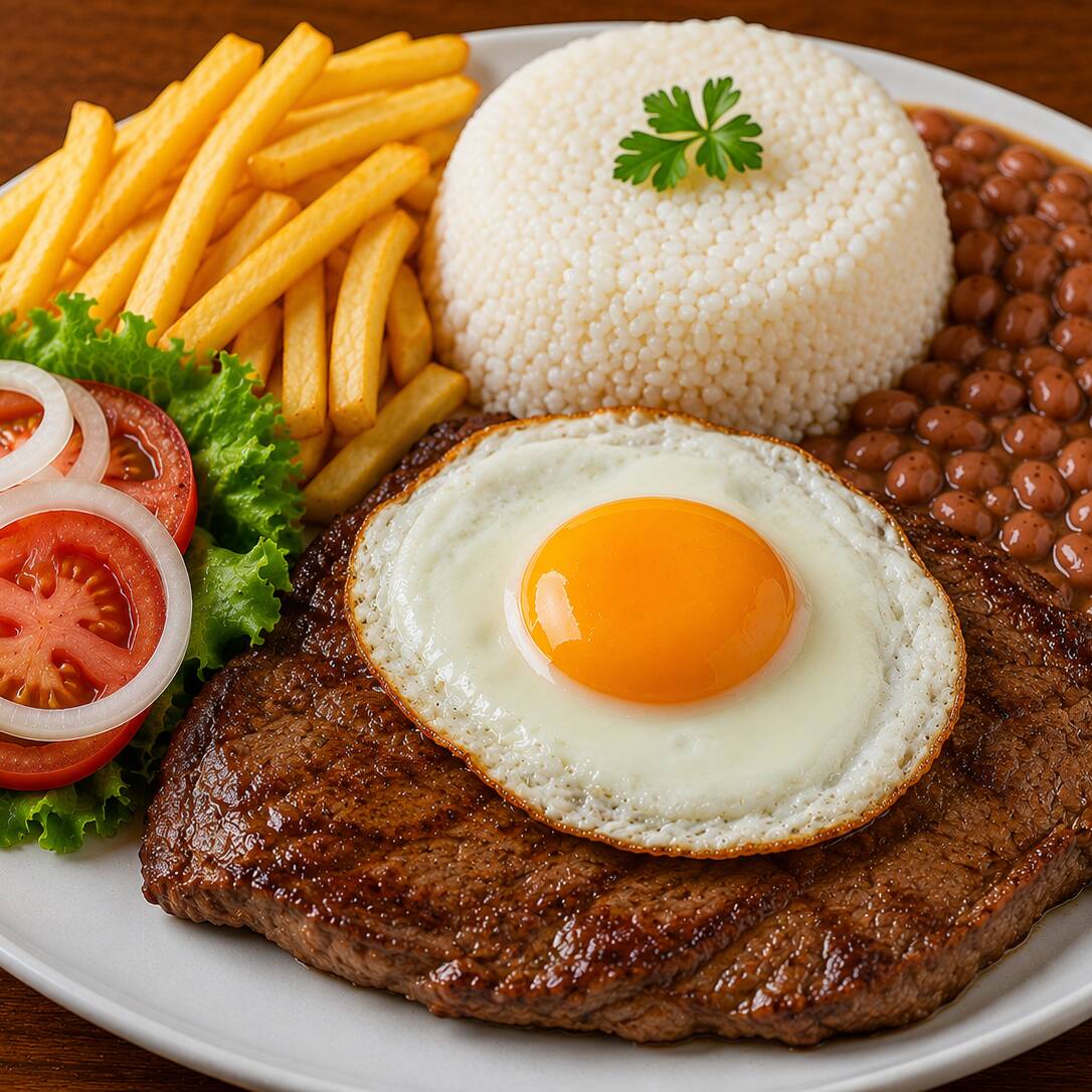 Suculento bife bovino grelhado, servido com ovos fritos e preparado no ponto certo para realçar todo o sabor da carne. Acompanha arroz, feijão, batata frita e salada fresca.
🍳🥩 Uma combinação clássica e deliciosa, perfeita para quem busca uma refeição completa e saborosa!